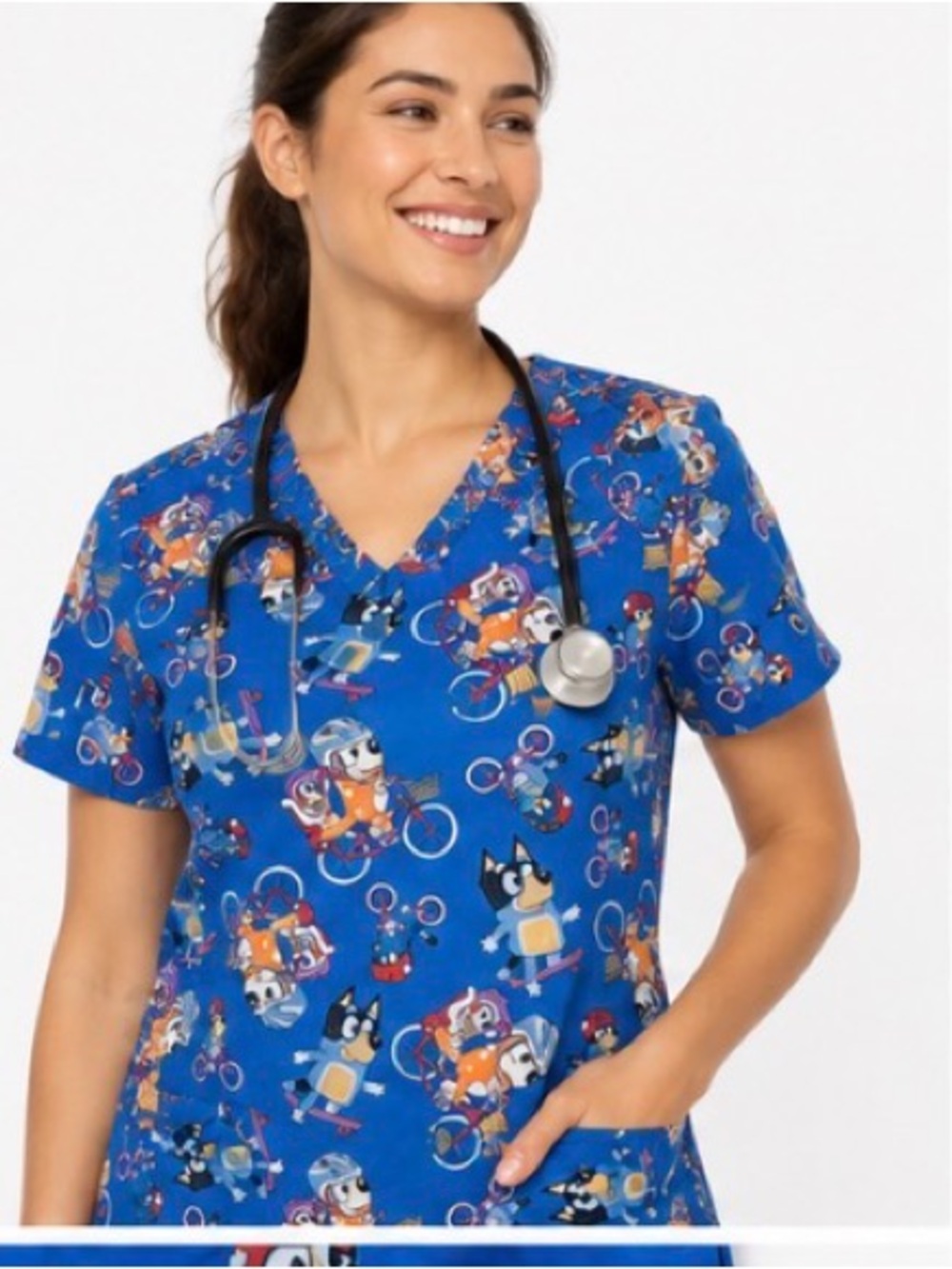 Bright Blue Cartoon Dog Print Medical Scrub Top Bluey. NWT